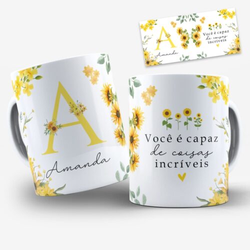 Arte para caneca alfabeto floral girassol com inicial grande decorada em amarelo com flores de girassóis, espaço para nome e frase motivacional
