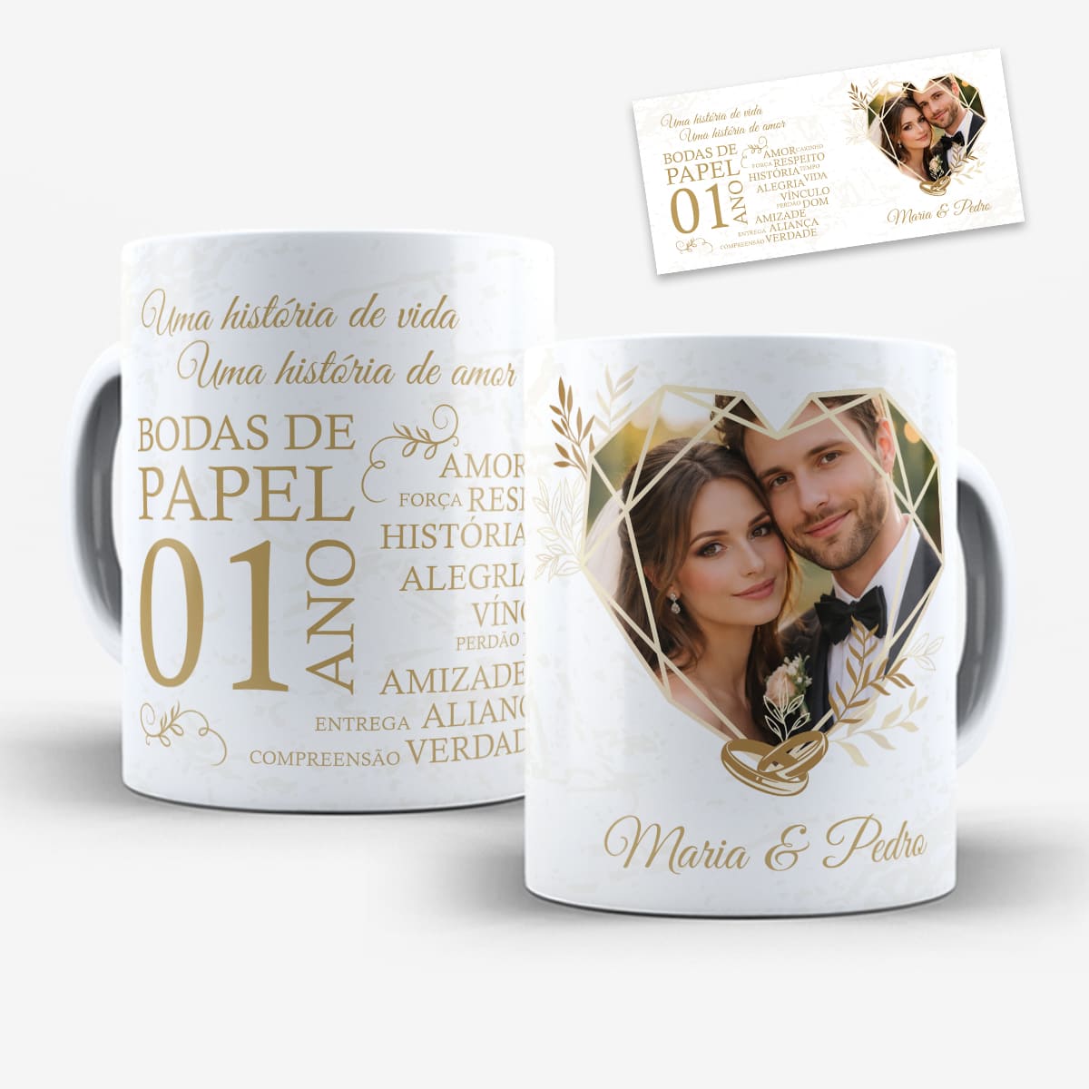 arte para caneca bodas de papel 1 ano de casados com frases românticas, palavras do relacionamento e espaço para foto e nomes do casal