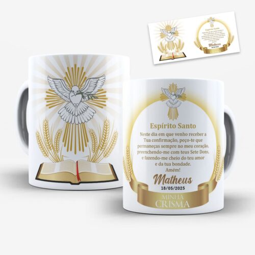 Arte para caneca crisma espírito santo pomba branca, Bíblia aberta, raios dourados, faixa minha crisma e espaço para nome e data