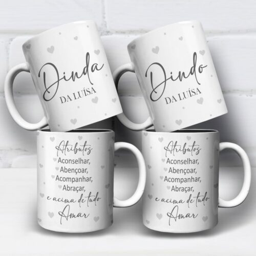 arte para caneca dindo e dinda atributos com corações, espaço para personalização de nome e palavras atributos, aconselhar, abençoar, acompanhar, abraçar e amar