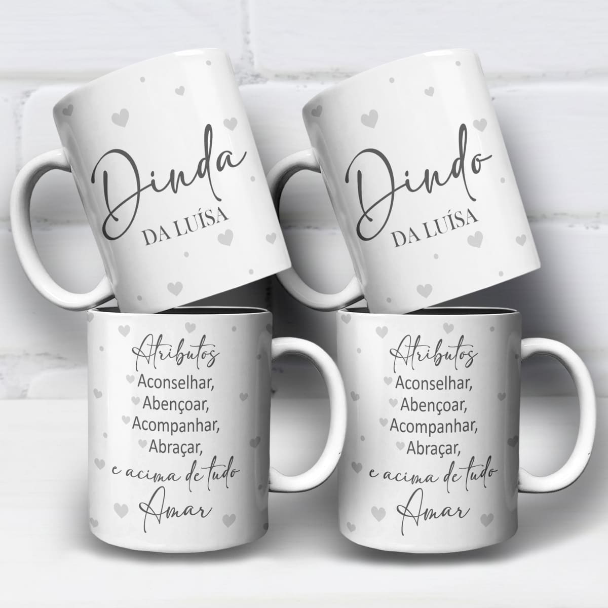 arte para caneca dindo e dinda atributos com corações, espaço para personalização de nome e palavras atributos, aconselhar, abençoar, acompanhar, abraçar e amar