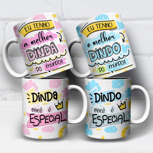 arte para caneca dindo e dinda você é especial em tons de rosa e azul com frases carinhosas, nuvens, estrelas e coroas
