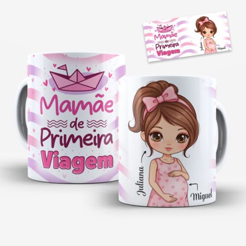 arte para caneca mamãe de primeira viagem com espaço para nomes da mamãe e do bebê, em tons suaves e com uma bonequinha grávida