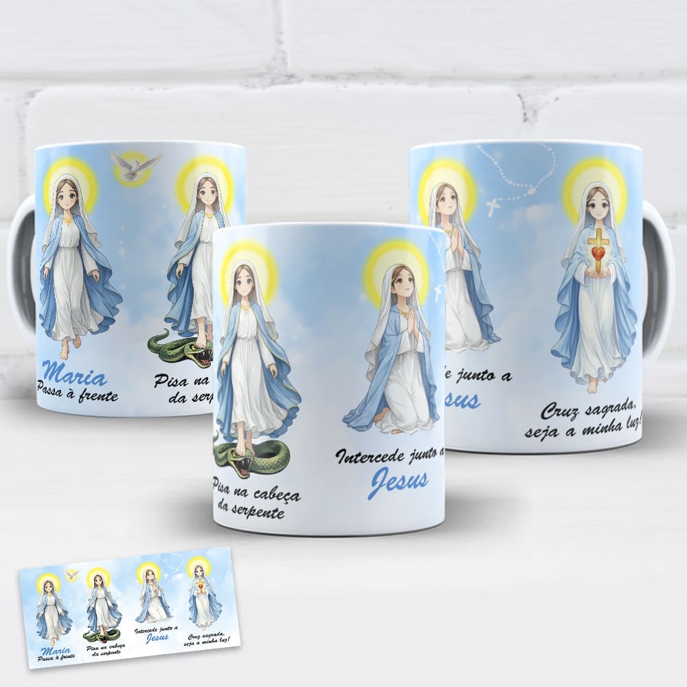 arte para caneca maria passa à frente cruz sagrada, Maria serena em azul e branco, rezando com pomba e terço incluindo frases de proteção, intercessão e confiança