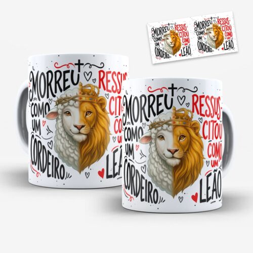 Arte para caneca morreu como um cordeiro ressuscitou como um leão: rosto metade cordeiro e metade leão com coroa e cruz