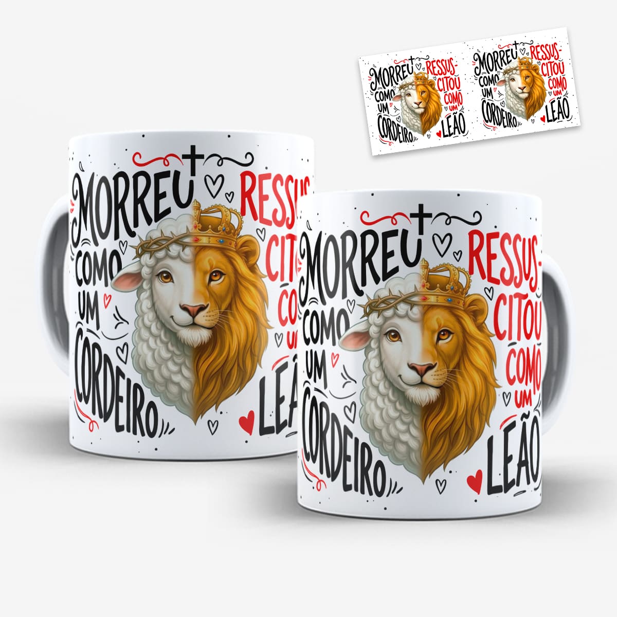 Arte para caneca morreu como um cordeiro ressuscitou como um leão: rosto metade cordeiro e metade leão com coroa e cruz