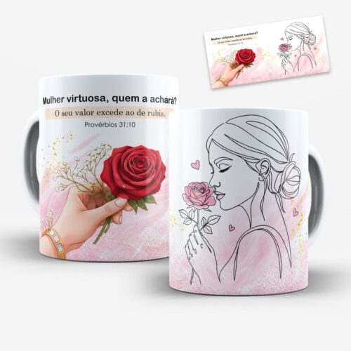 Arte Para Caneca Mulher Virtuosa Quem a Achará, com desenho de mulher em linha contínua, tons de rosa e detalhes dourados