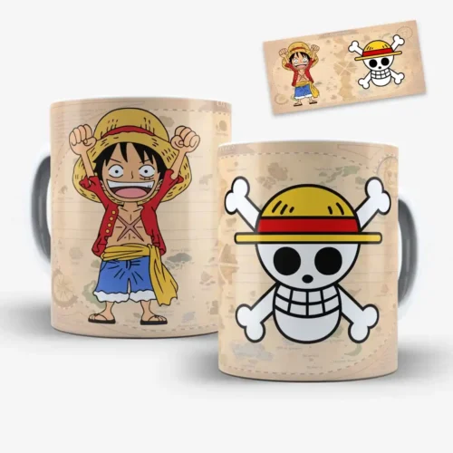 arte para caneca one piece monkey d luffy sorrindo com chapéu de palha, caveira pirata e fundo de mapa antigo