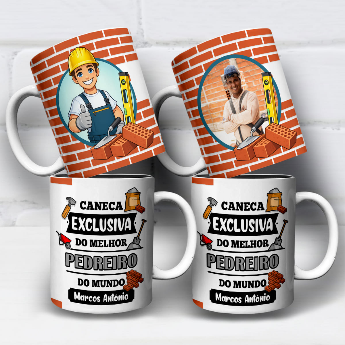 Arte Digital Para Caneca profissão pedreiro: fundo de tijolos, ferramentas, desenho de profissional e espaço para personalização de foto e nome