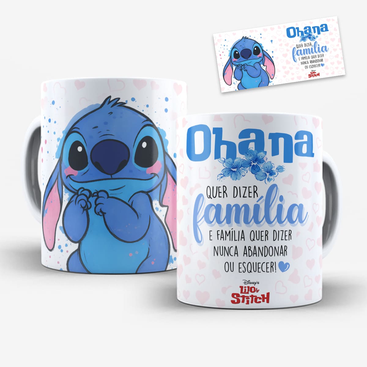 Arte para caneca stitch ohana família com traços fofos, tons suaves e texto sobre família que dizer nunca abandonar