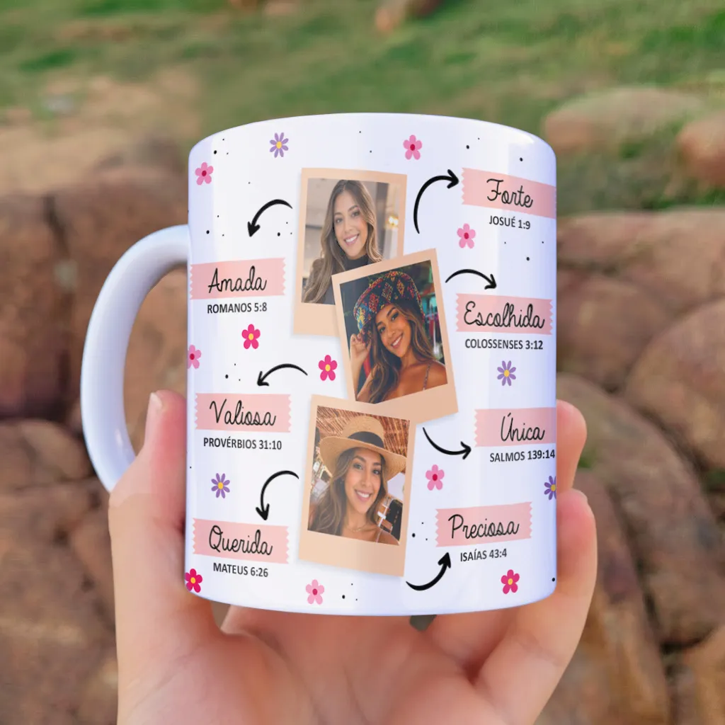 arte para caneca uso exclusivo de uma mulher incrível com fotos, fundo floral, frases inspiradoras e versículos bíblicos