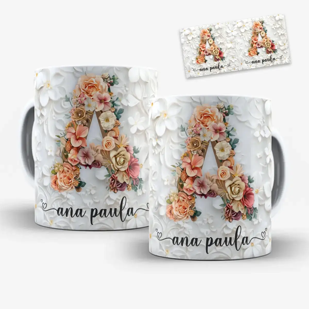 arte para caneca alfabeto floral com inicial 3d em tons de pêssego, rosa e bege, com efeito de relevo nas pétalas, espaço para nome e fundo floral branco