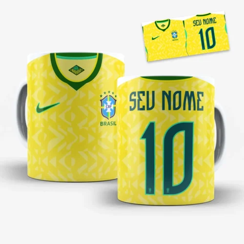 arte para caneca camisa seleção brasileira 2026 amarela com detalhes verdes e espaço para personalização de nome e número