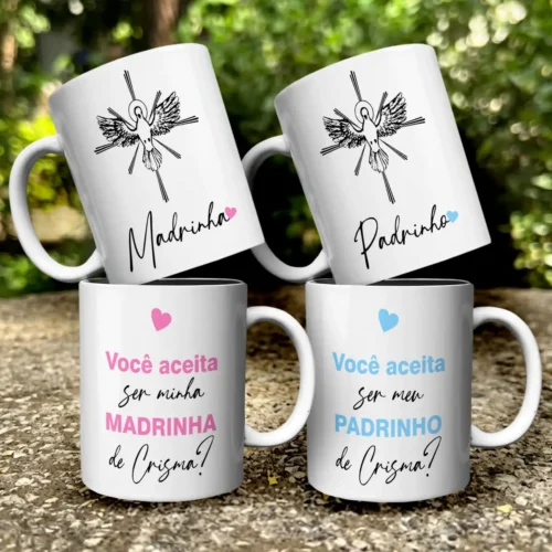 arte para caneca convite madrinha e padrinho de crisma com pomba do espírito santo, frases de convite e corações rosa e azul