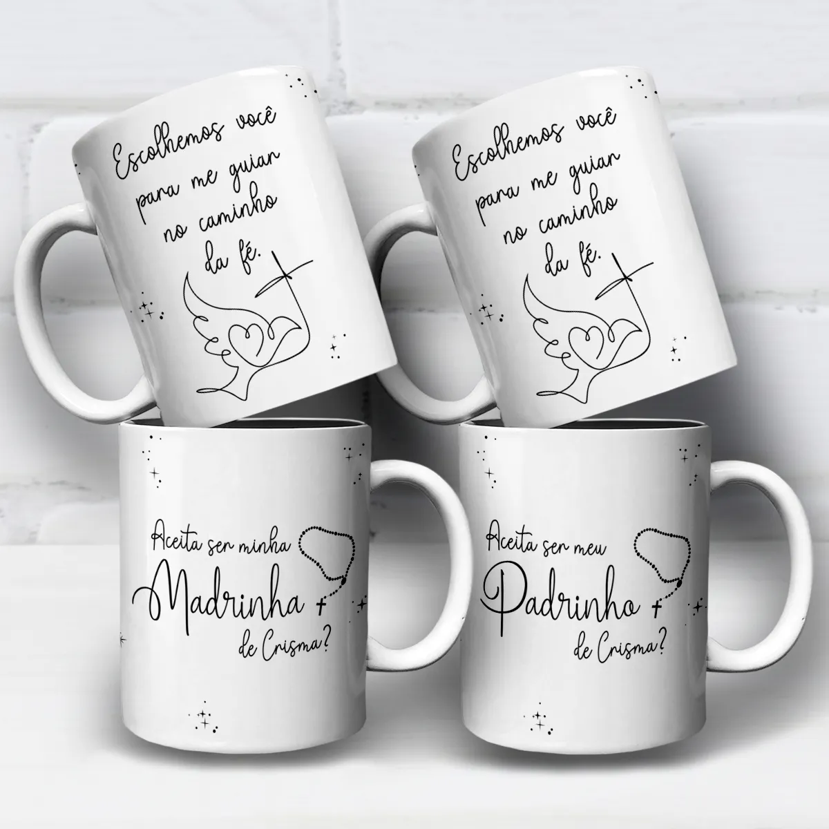 arte para caneca convite madrinha e padrinho de crisma escolhemos você com pomba, coração e cruz em traços leves e frase escolhemos você