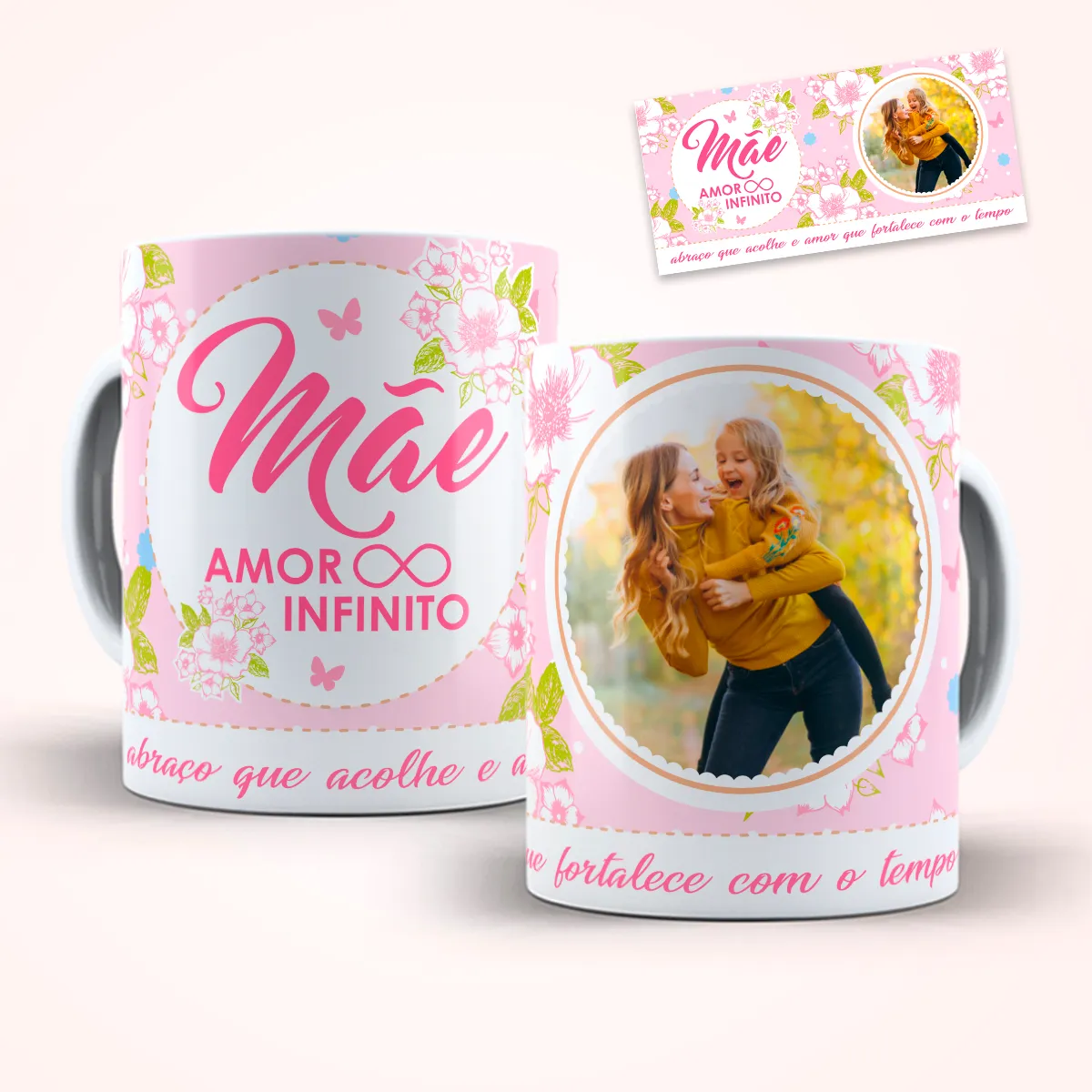 arte para caneca dia das mães mãe amor infinito com foto editável em moldura circular, flores, borboletas e fundo rosa suave