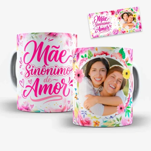 arte para caneca dia das mães mãe sinônimo de amor com fundo floral rosa, frase destacada, corações e moldura para foto