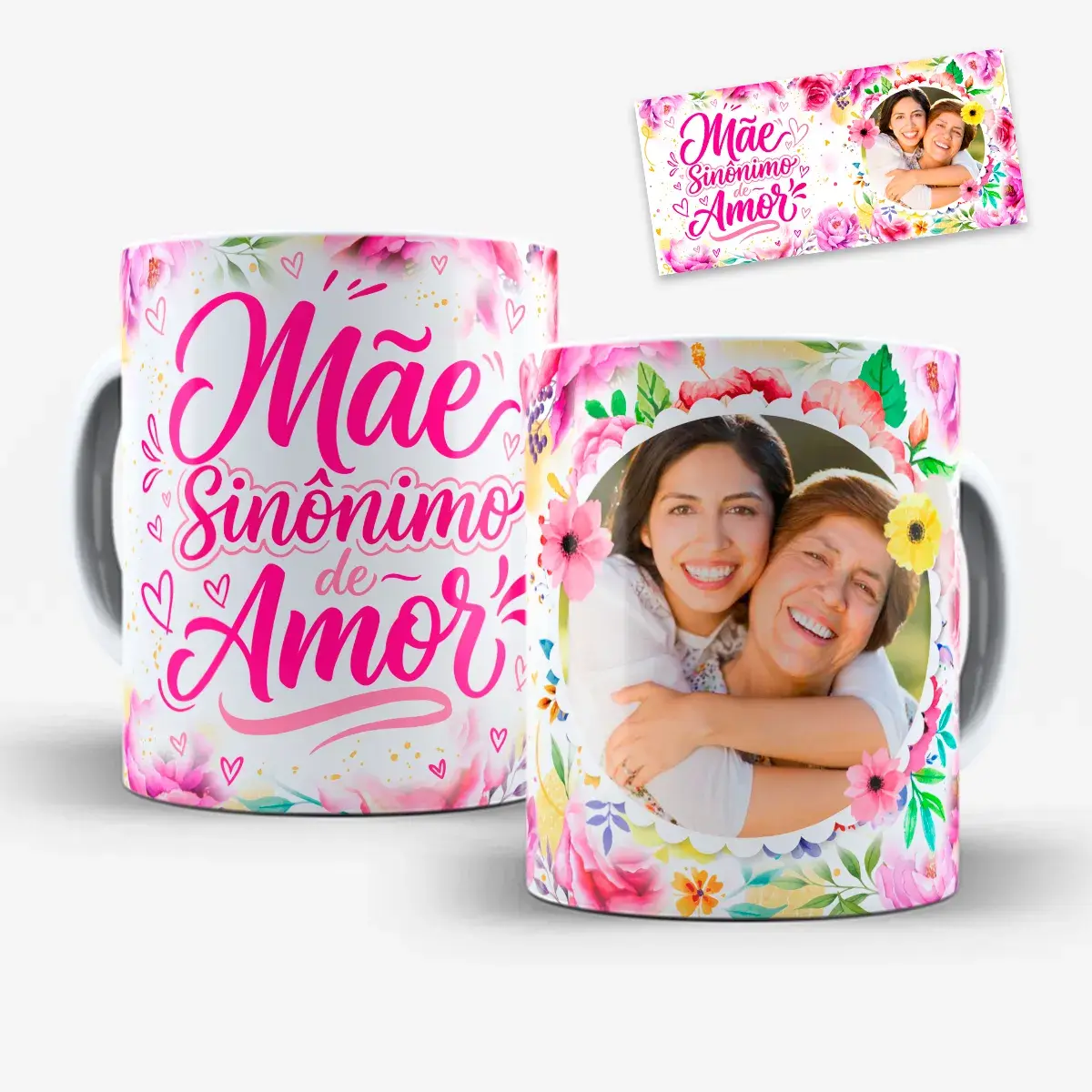 arte para caneca dia das mães mãe sinônimo de amor com fundo floral rosa, frase destacada, corações e moldura para foto