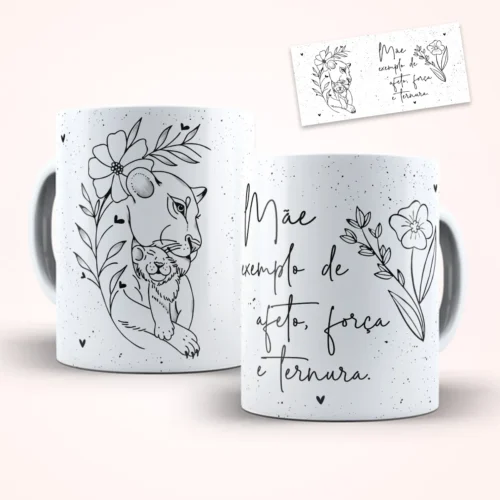 arte para caneca dia das mães minimalista leoa com filhote, detalhes florais e frase sobre amor materno