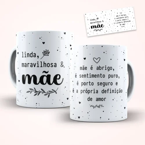 arte para caneca dia das mães minimalista linda maravilhosa e mãe com frase acolhedora raminhos e detalhes sutis em fundo com bolinhas pretas