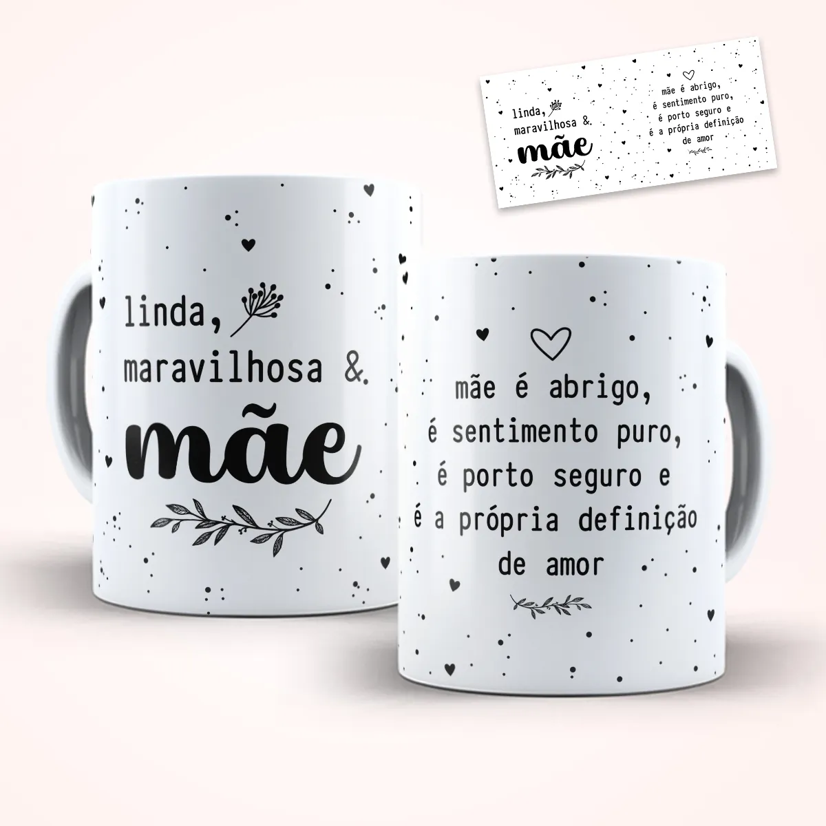 arte para caneca dia das mães minimalista linda maravilhosa e mãe com frase acolhedora raminhos e detalhes sutis em fundo com bolinhas pretas