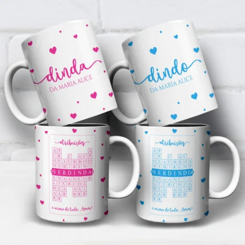 arte para caneca dindo e dinda atribuições palavras cruzadas com corações, nome personalizável, palavras de carinho e frase "e acima de tudo, Amar!"