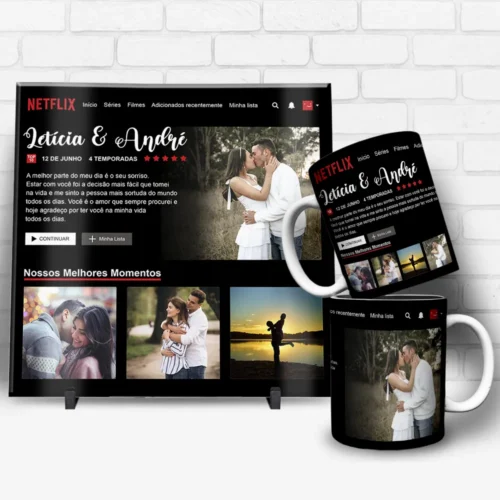 arte para caneca e azulejo namorados netflix com layout inspirado na plataforma de streaming, espaço para fotos do casal, nomes e mensagem romântica personalizável