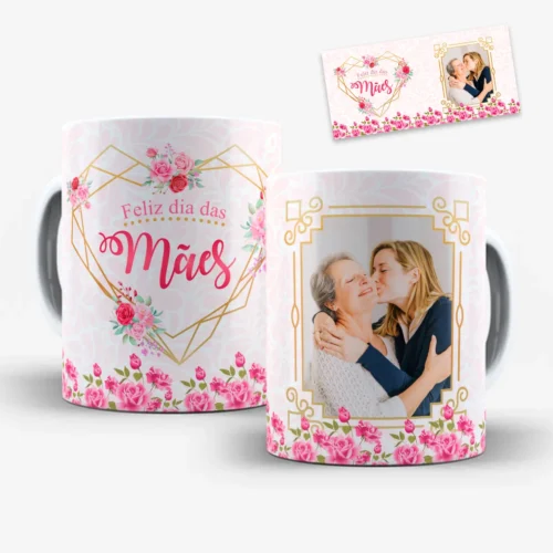 arte para caneca feliz dia das mães com foto, tons suaves de rosa, detalhes florais dourados, coração com frase e moldura para personalizar com foto