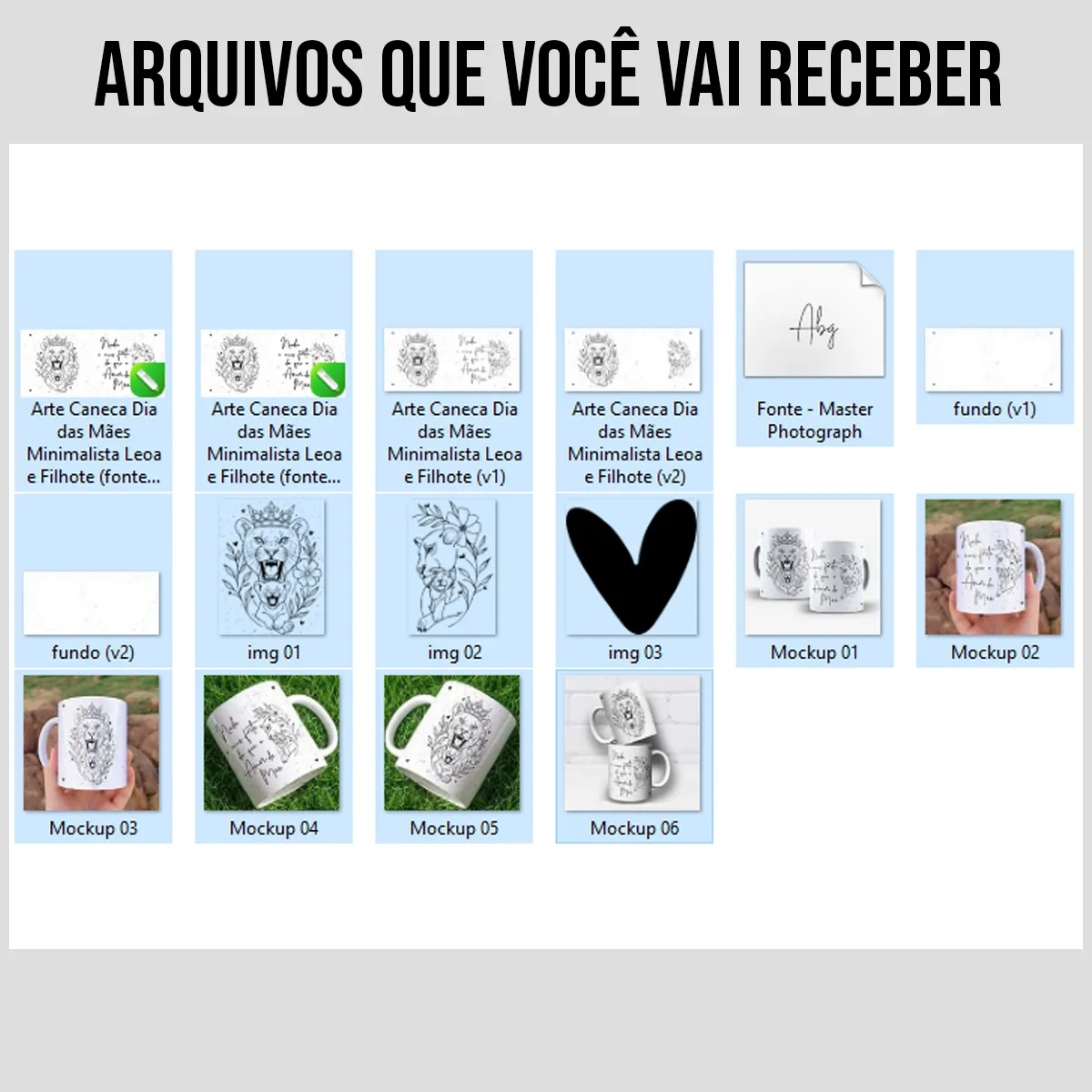 arquivos da arte para caneca dia das mães leoa e filhote amor de mãe em estilo minimalista com flores e a frase Nada é mais forte do que o Amor de Mãe
