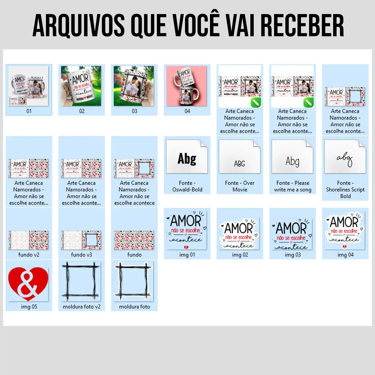arquivo da arte para caneca namorados amor não se escolhe acontece com corações, moldura para foto do casal e espaço para nomes personalizados