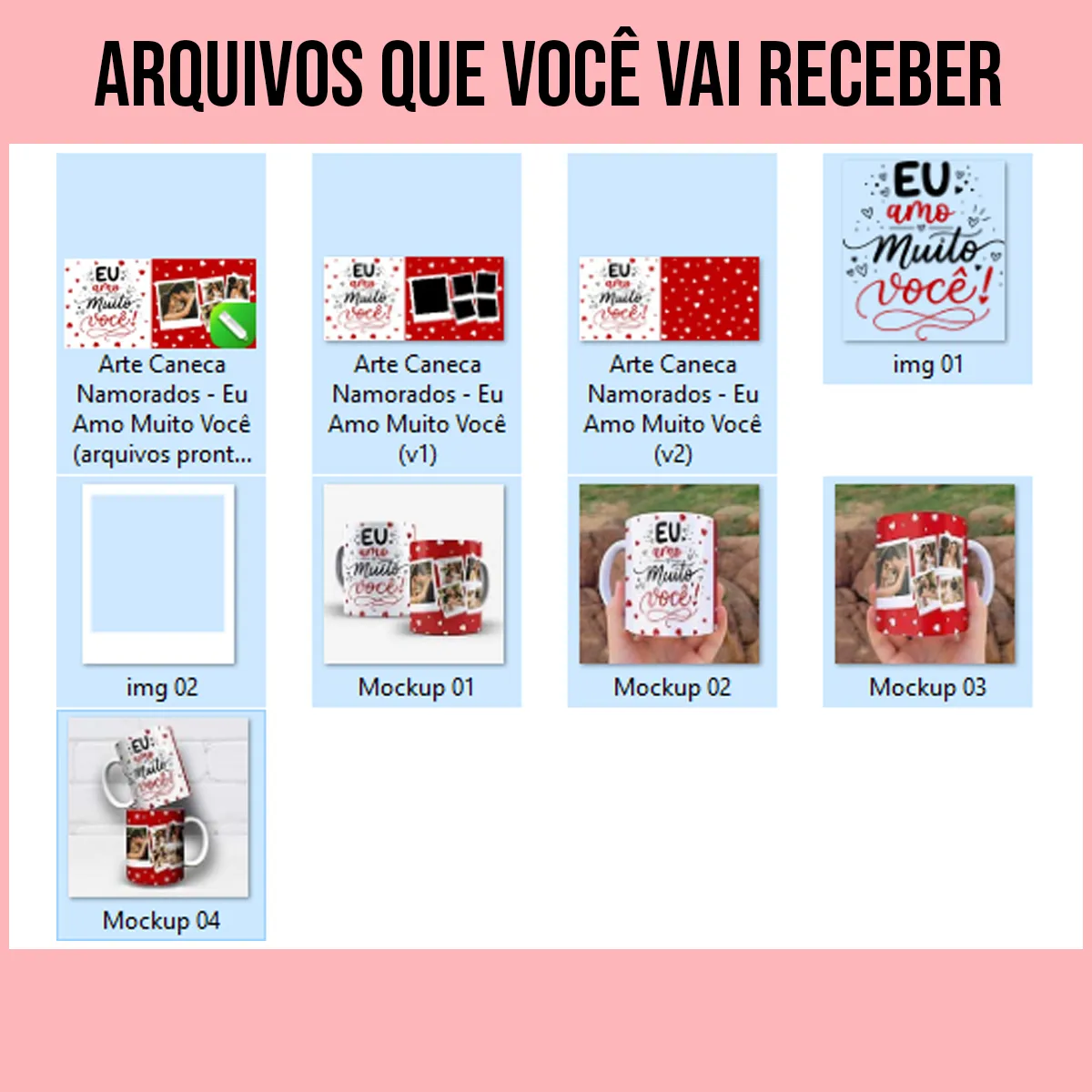 arquivos da arte para caneca namorados eu amo muito você com frase em preto e vermelho, corações no fundo e espaço para 5 fotos do casal
