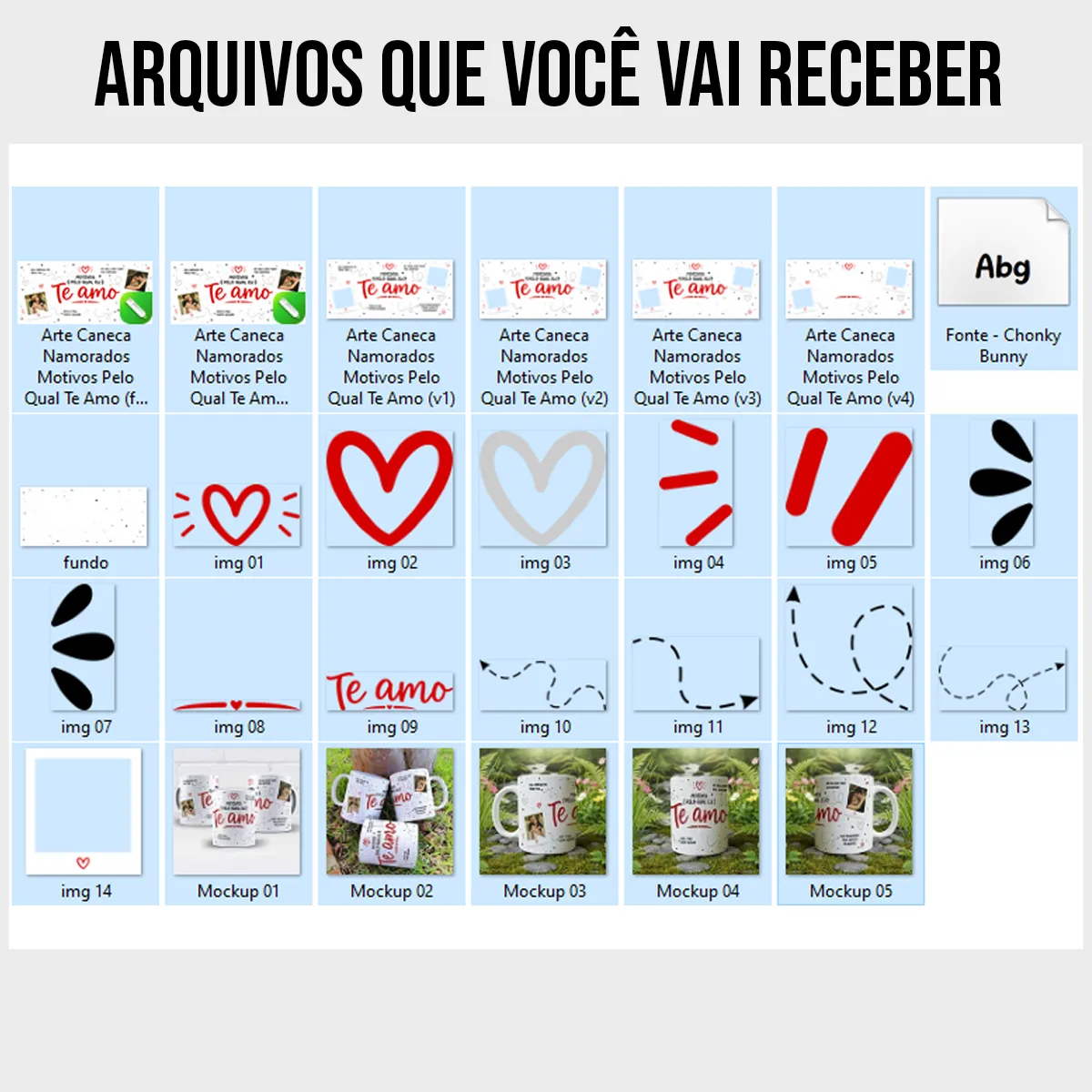 arquivos da arte para caneca namorados com foto motivos pelo qual eu te amo, frase central, corações e espaço para duas fotos e frases dos 4 motivos editáveis