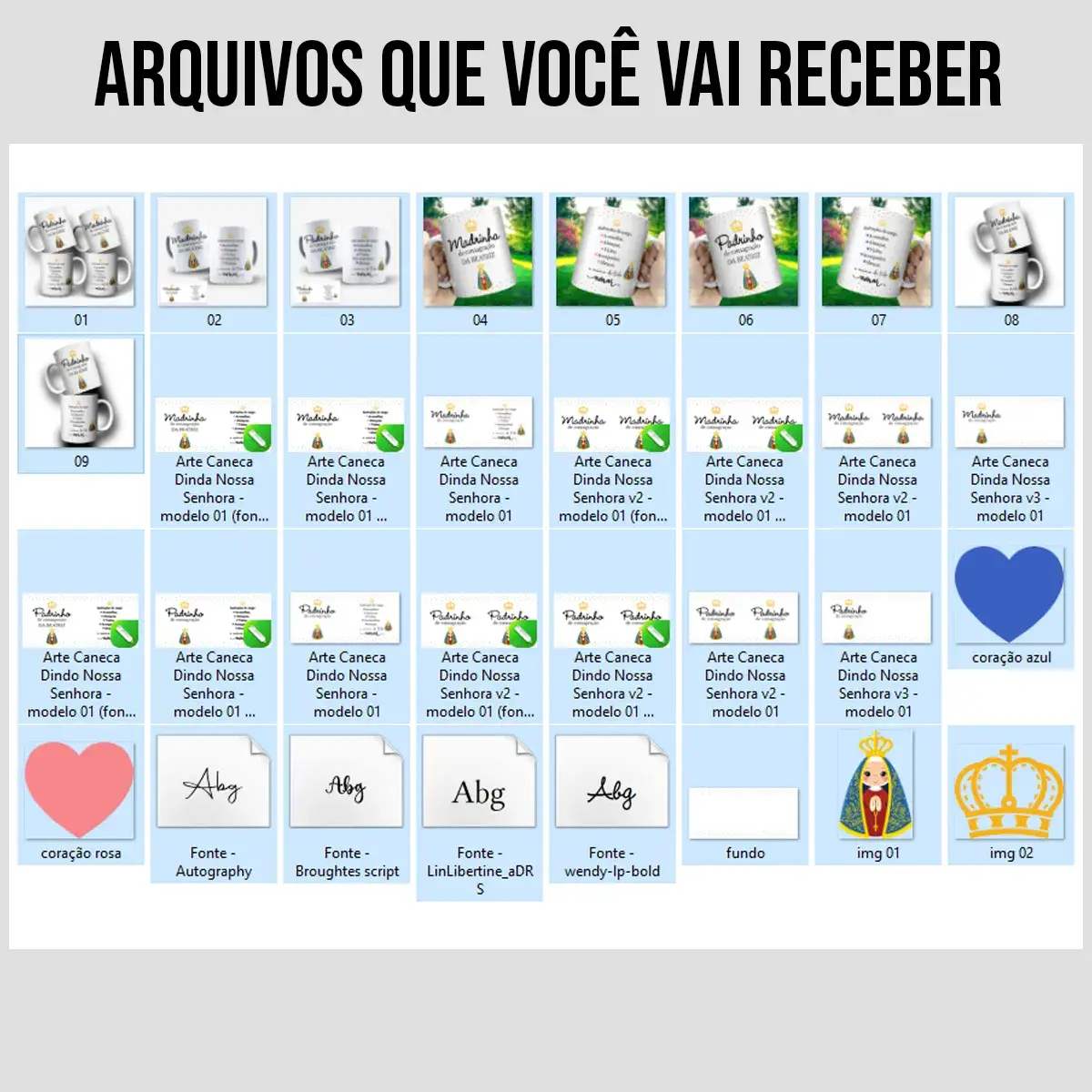 arquivos da arte para caneca padrinhos de consagração nossa senhora com ilustração de Nossa Senhora, coroa dourada, espaço para nome e frases para padrinho e madrinha