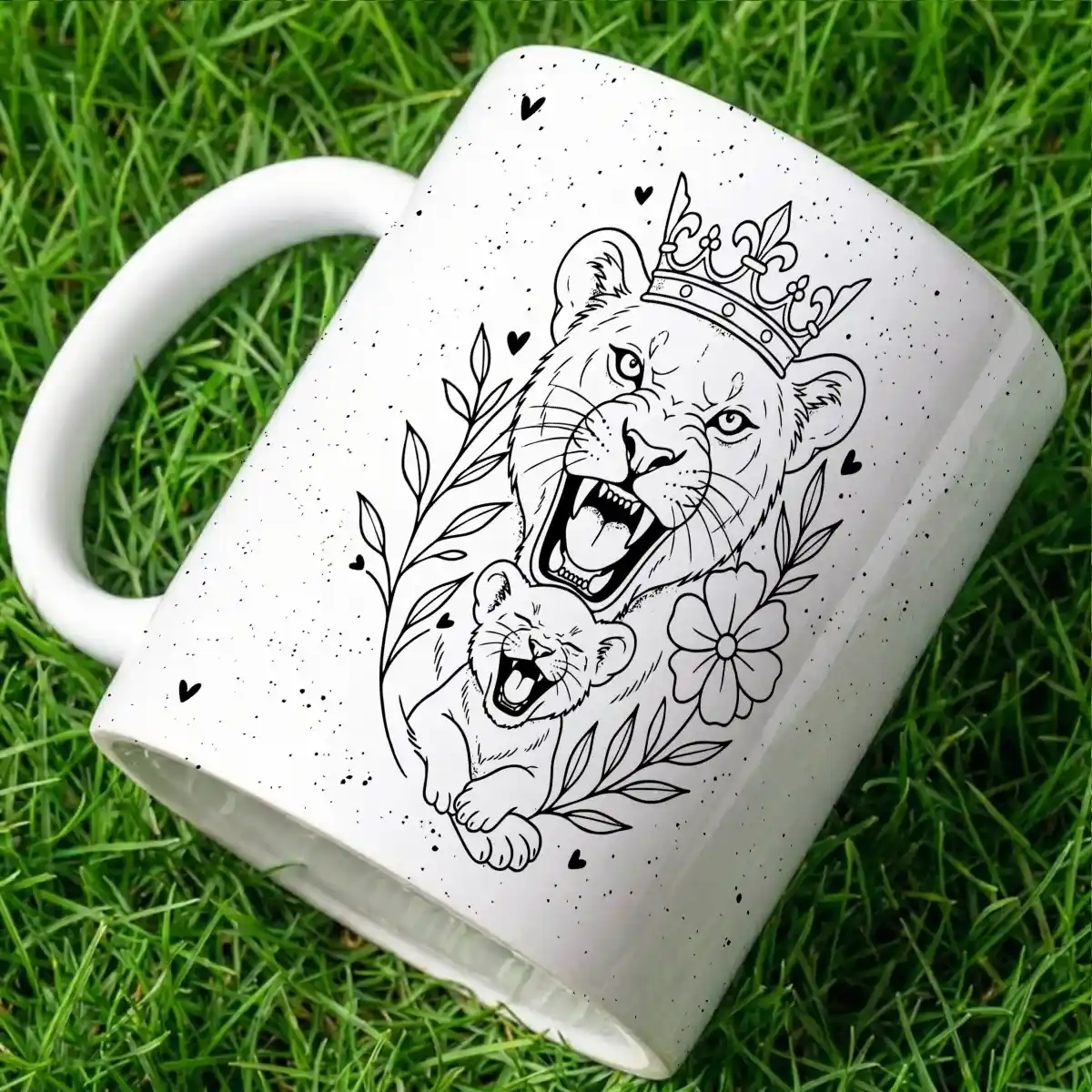 arte para caneca dia das mães leoa e filhote em estilo minimalista com flores