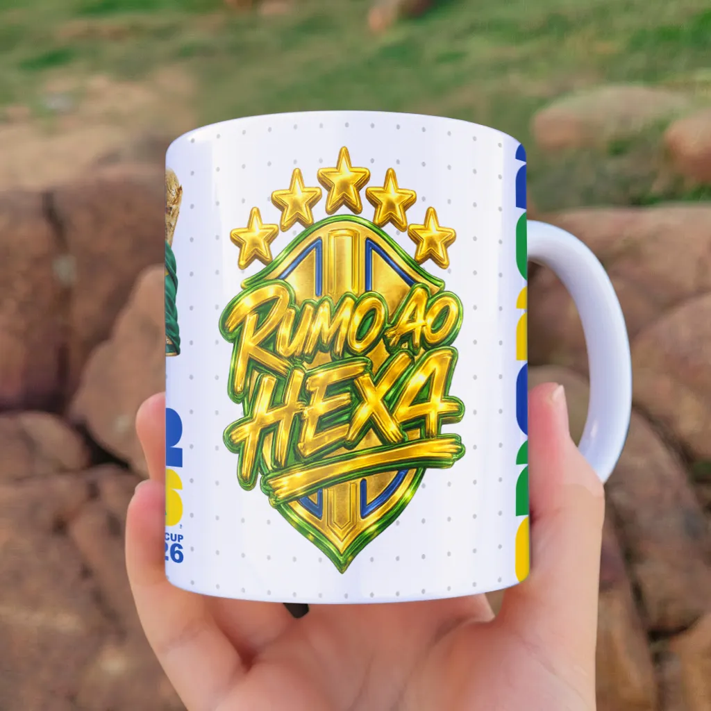 arte para caneca figurinha copa do mundo 2026 rumo ao hexa com emblema dourado e cores da seleção brasileira