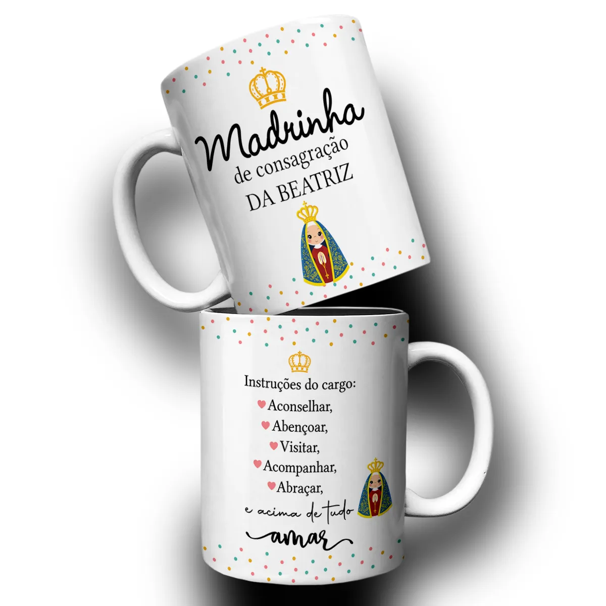 arte para caneca madrinha de consagração nossa senhora com ilustração de Nossa Senhora, coroa dourada, espaço para nome e frases para madrinha