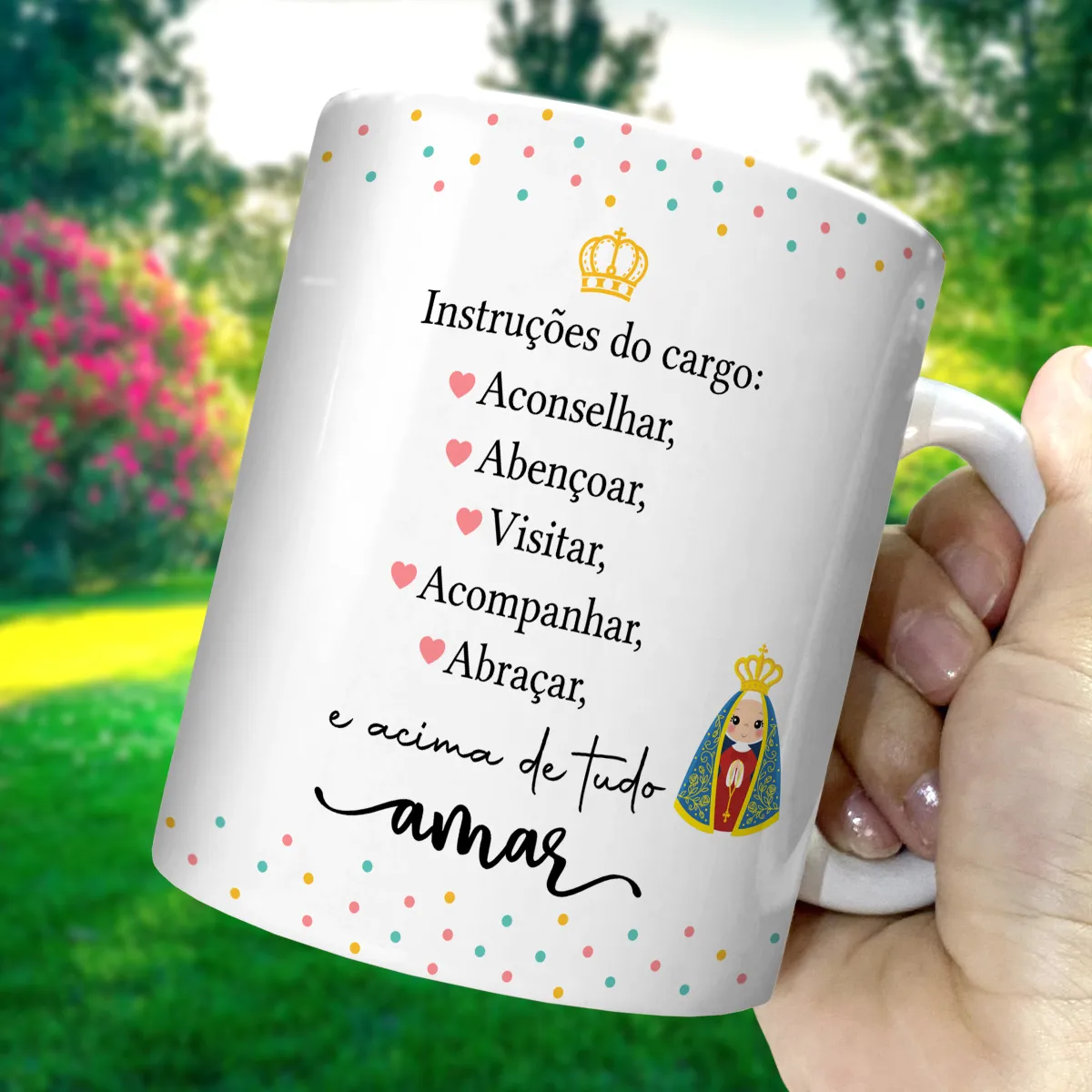arte para caneca madrinha de consagração nossa senhora com ilustração de Nossa Senhora, coroa dourada e frases para madrinha