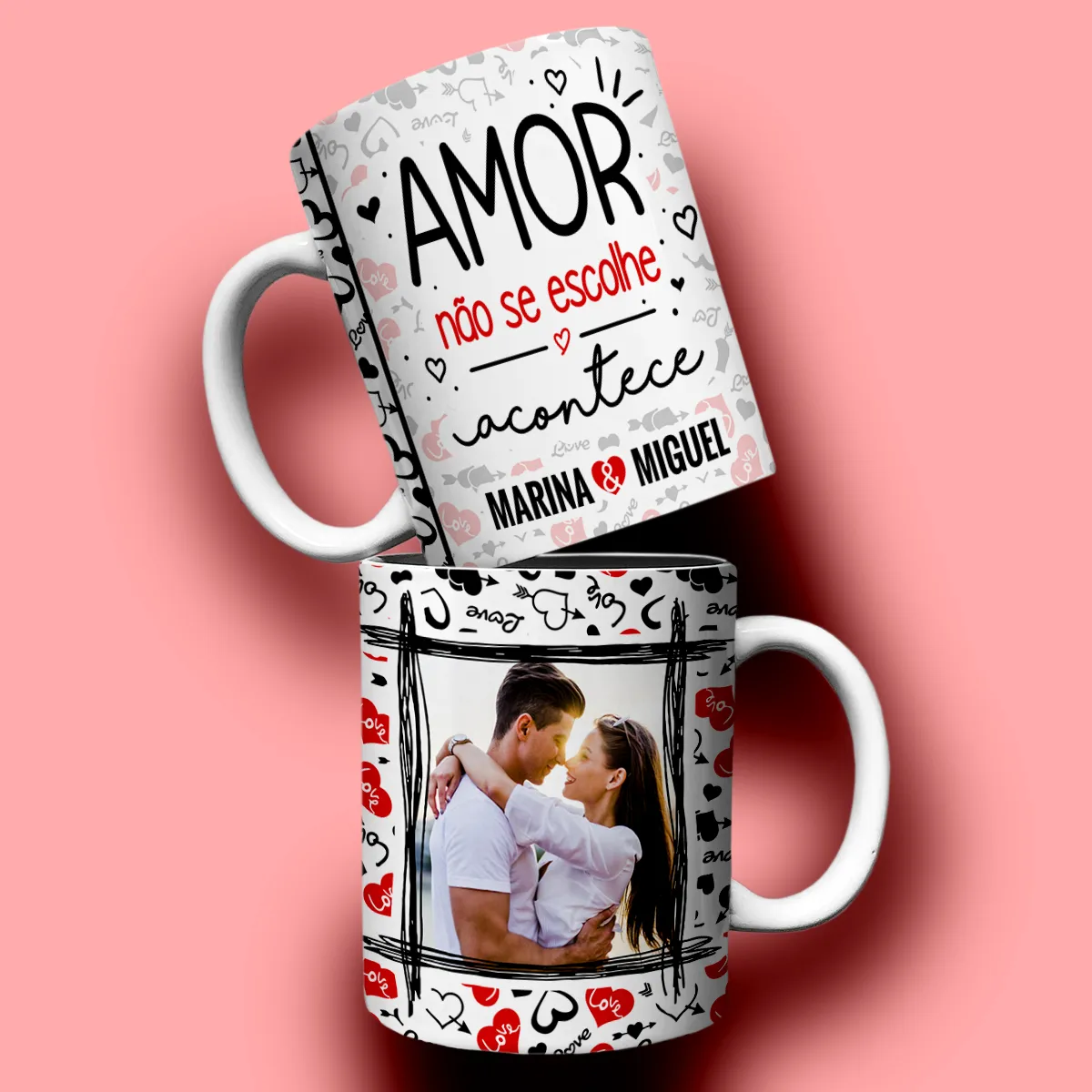 arte para caneca namorados amor não se escolhe acontece com corações, moldura para foto do casal e espaço para nomes personalizados