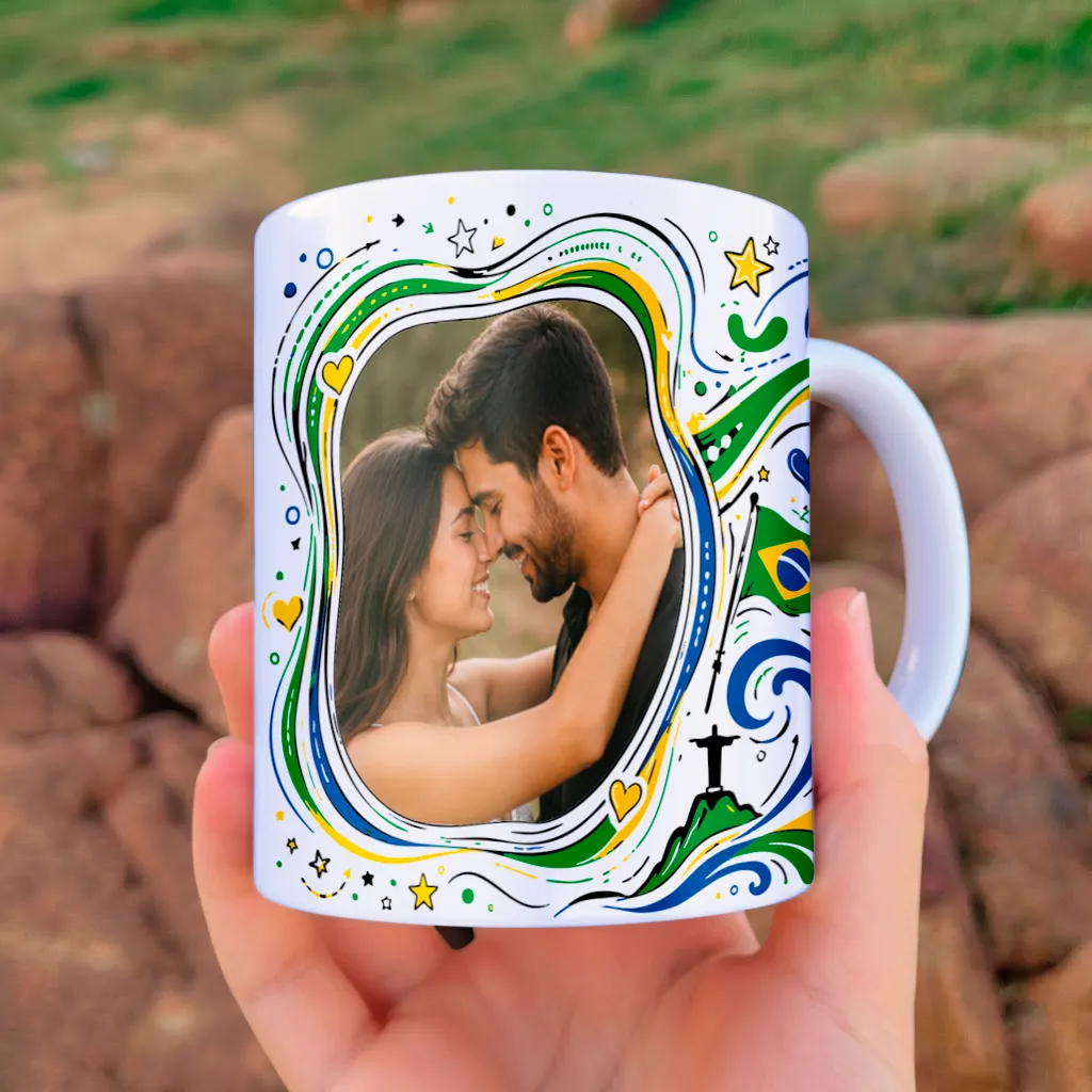 arte para caneca namorados copa do mundo brasil com espaço para foto do casal