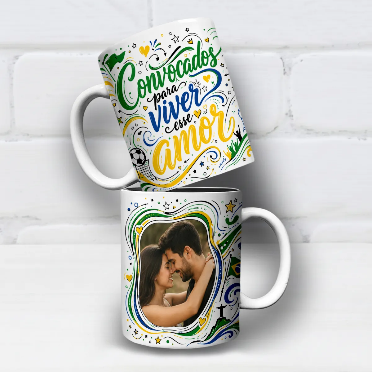 arte para caneca namorados copa do mundo brasil com frase Convocados para viver esse amor e espaço para foto do casal