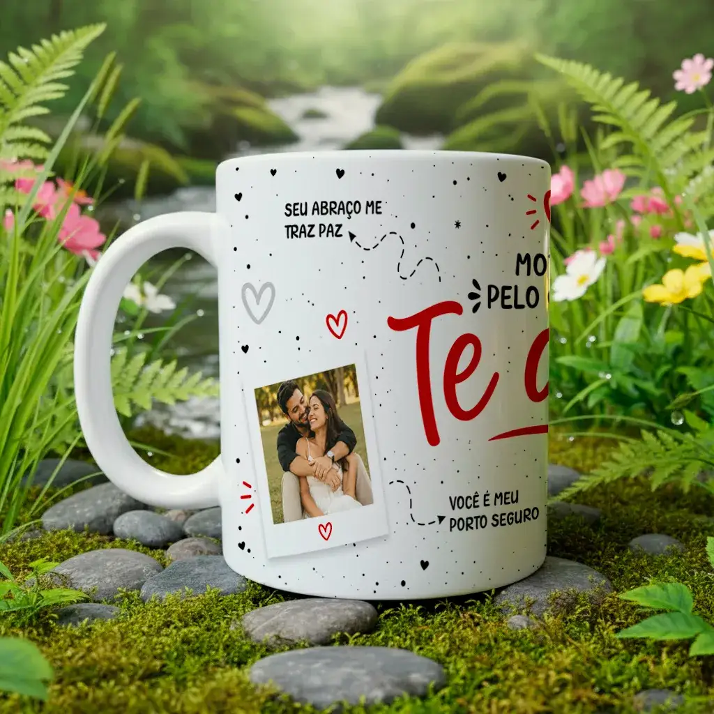 arte para caneca namorados com foto motivos pelo qual eu te amo, frase central, corações e espaço para duas fotos e frases dos 4 motivos editáveis