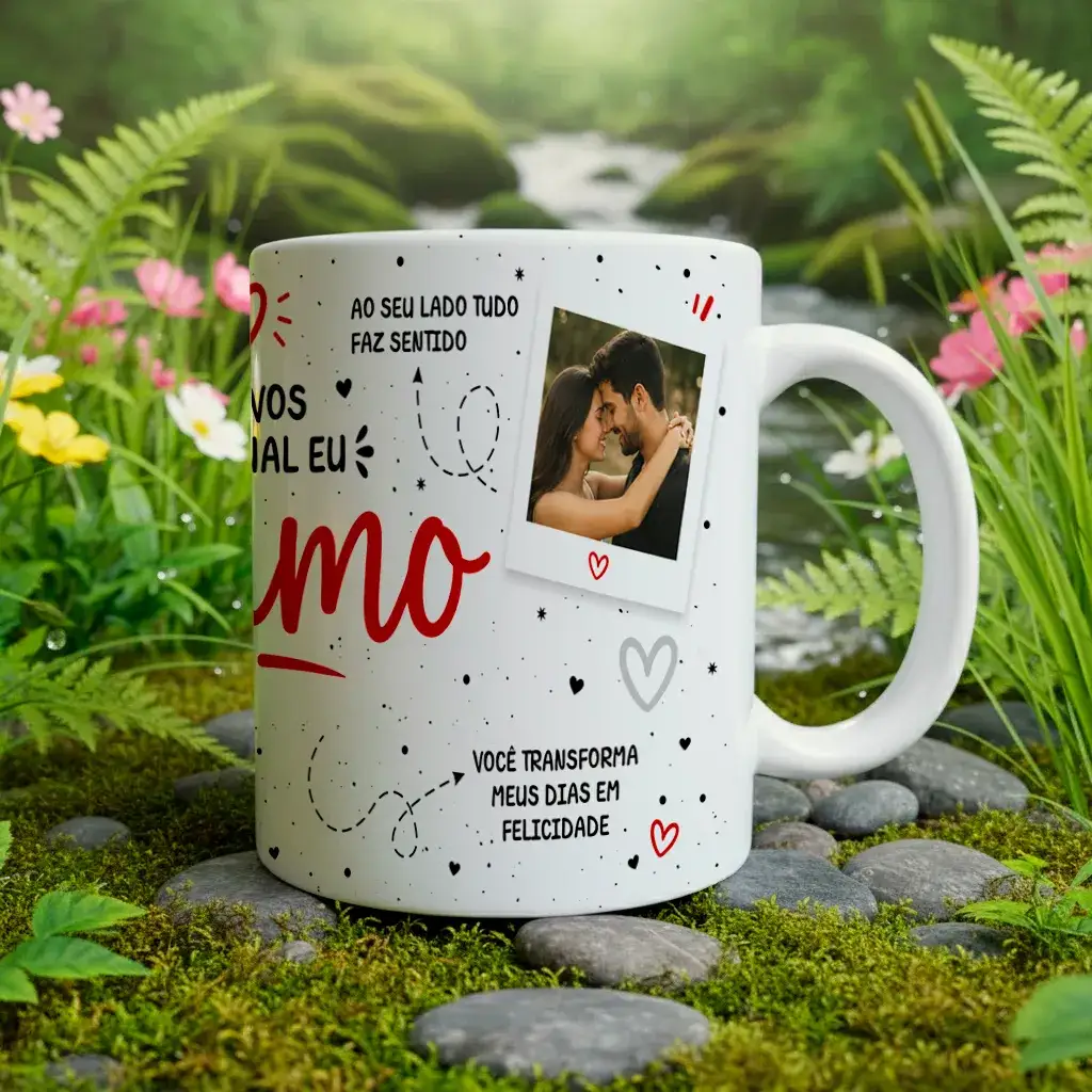 arte para caneca namorados com foto motivos pelo qual eu te amo, frase central, corações e espaço para duas fotos e frases dos 4 motivos editáveis