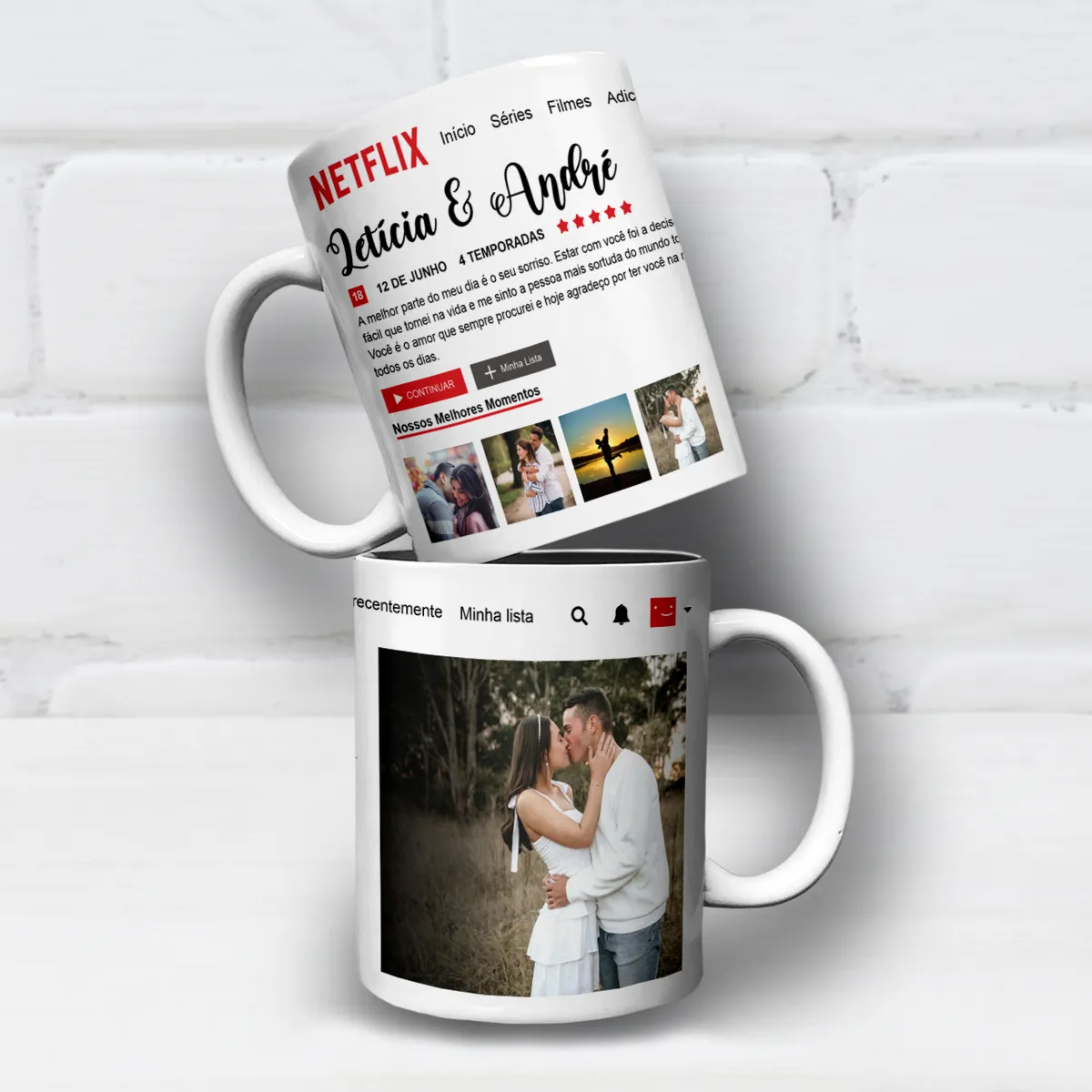 Arte para caneca namorados Netflix com foto e fundo branco simulando tela de streaming com espaço para foto principal, quatro foto menores, nomes e mensagem do casal