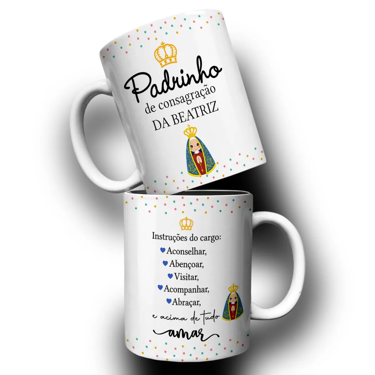 arte para caneca padrinho de consagração nossa senhora com ilustração de Nossa Senhora, coroa dourada, espaço para nome e frases para padrinho