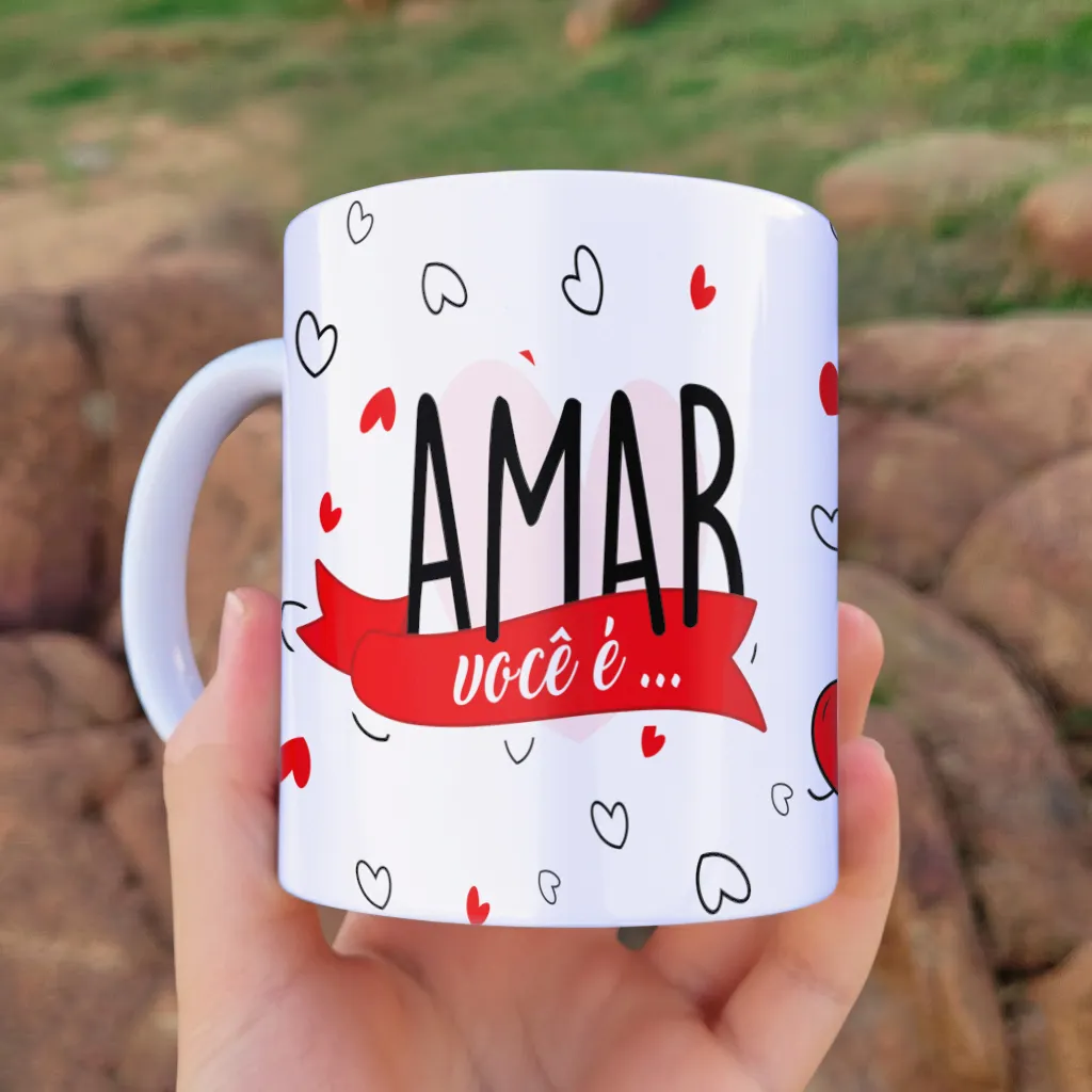 arte para caneca namorados amar você é sempre estar perto com corações em vermelho, preto e branco