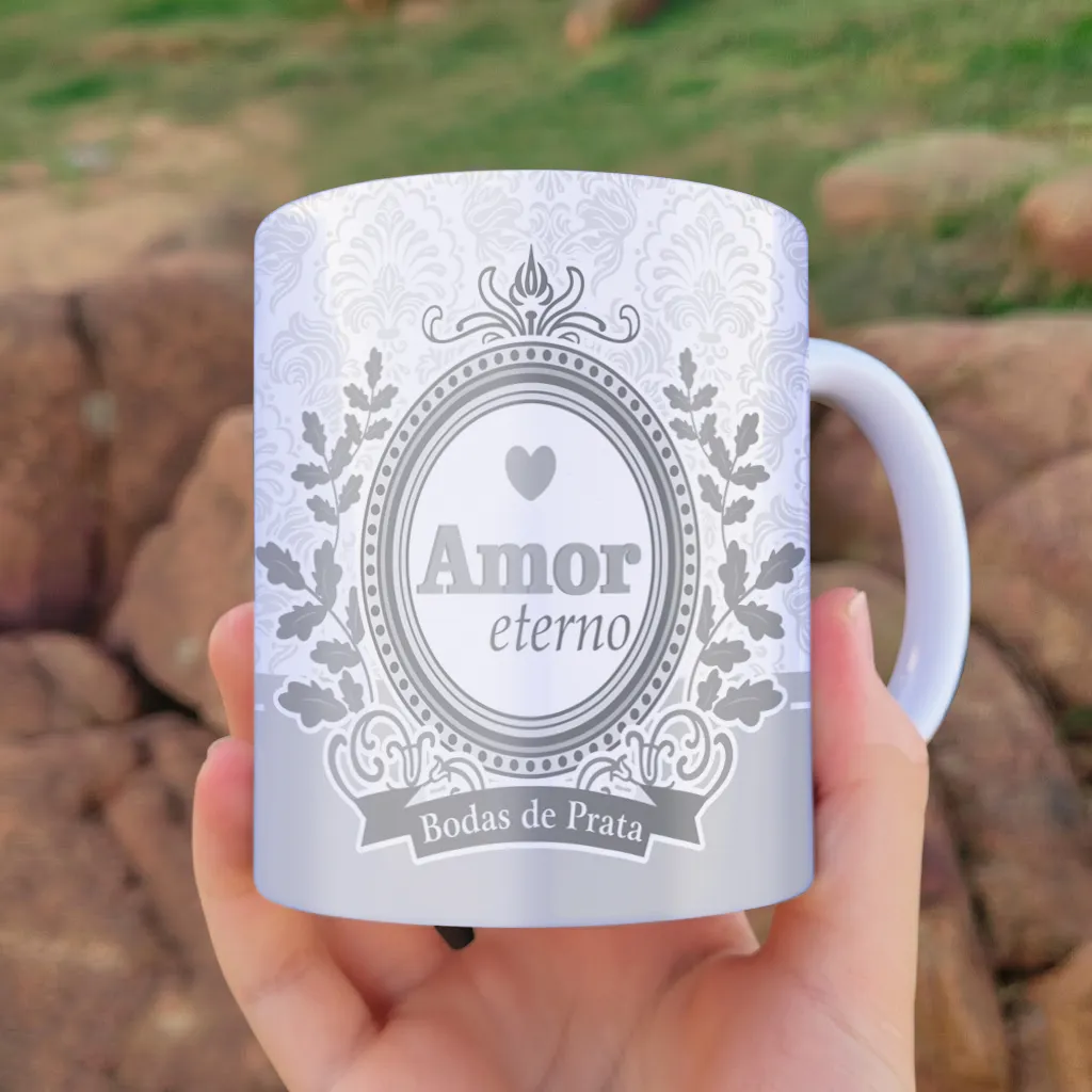 arte para caneca bodas de prata 25 anos de casados com detalhes ornamentais prateados e as frases amor eterno e bodas de prata
