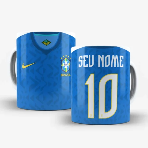 arte para caneca camisa seleção brasileira azul com escudo do BRASIL em destaque, design moderno e espaço para nome e número