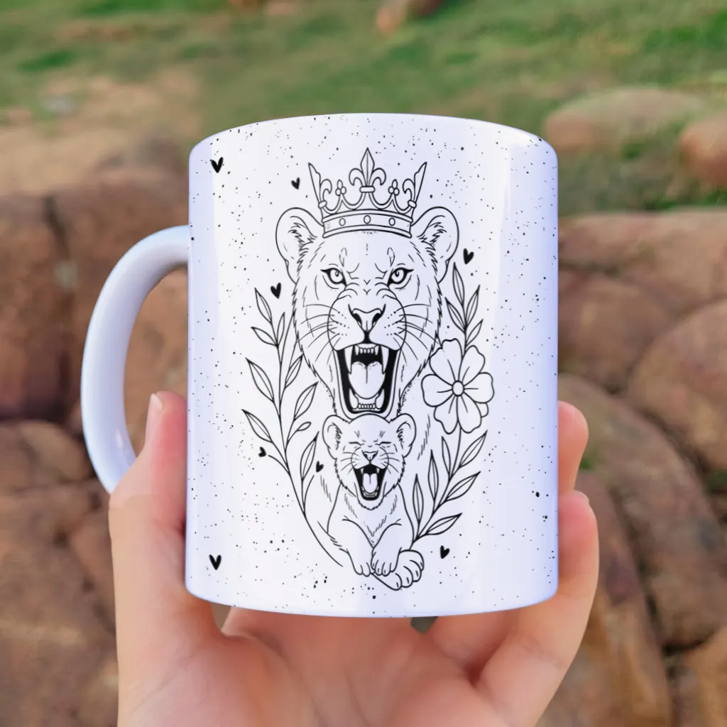 arte para caneca dia das mães leoa e filhote em estilo minimalista com flores