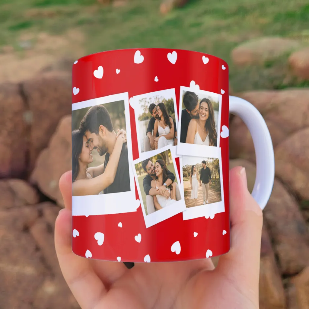 arte para caneca namorados eu amo muito você com corações no fundo e espaço para 5 fotos do casal