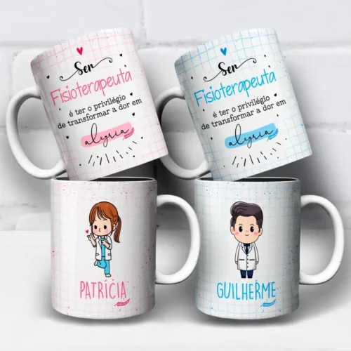 arte para caneca fisioterapeuta fisioterapia em duas versões fofinha masculina e feminina com frase motivacional, fundo suave decorativo e espaço para nome